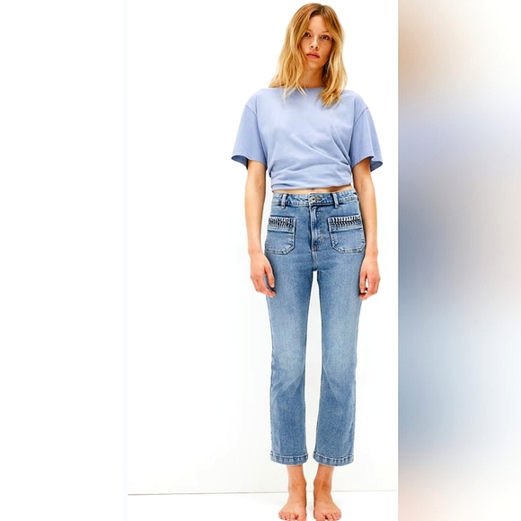 H&M Jeans Stylish Blue Denim Crop High Waist Ruched Pocket Braided Flared Size 6 - Picture 2 of 15